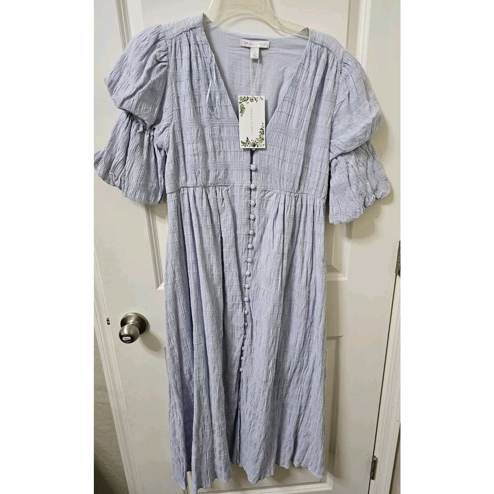 NWT $148 Chelsea & Violet 4 Button Front Textured V-Neck Dress Cuffed Slvs